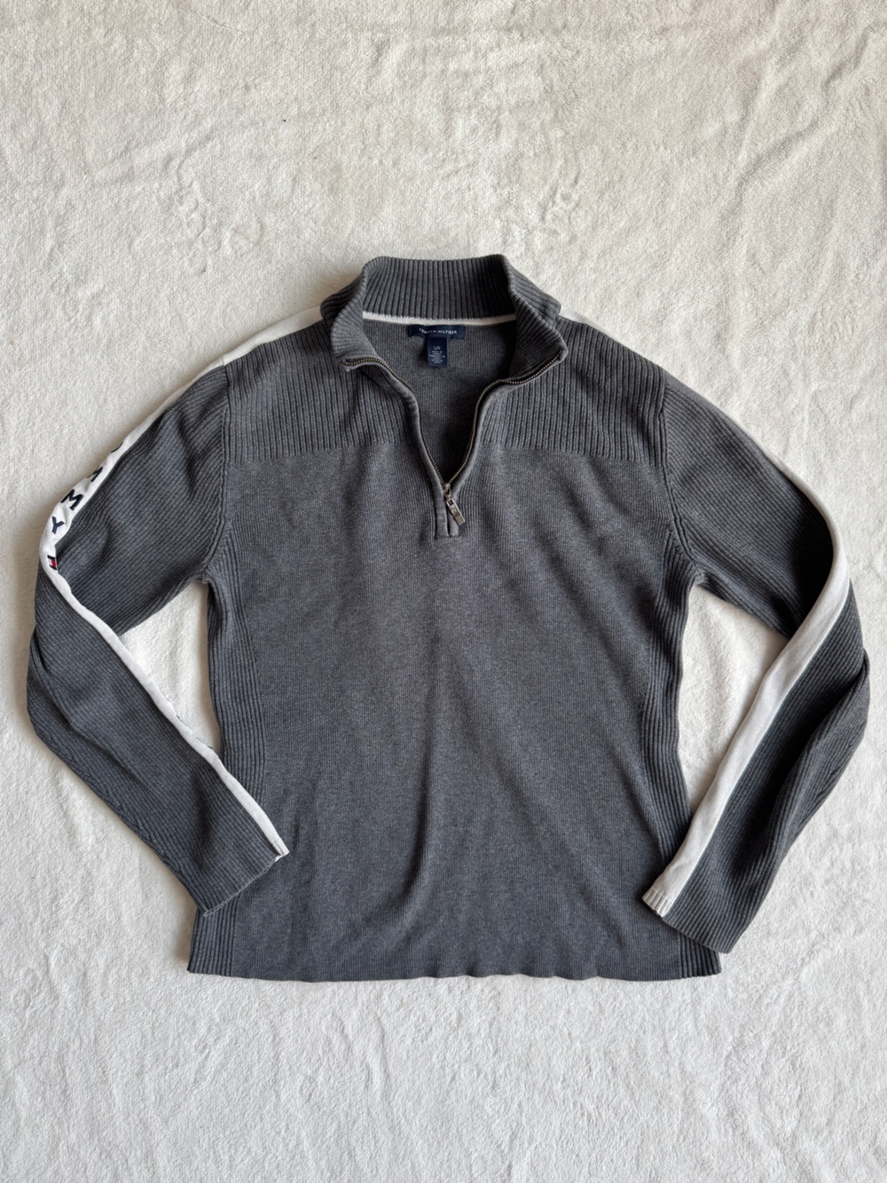Tommy Hilfiger Grey Cotton Quarter-Zip Sweater with White Sleeve Trim